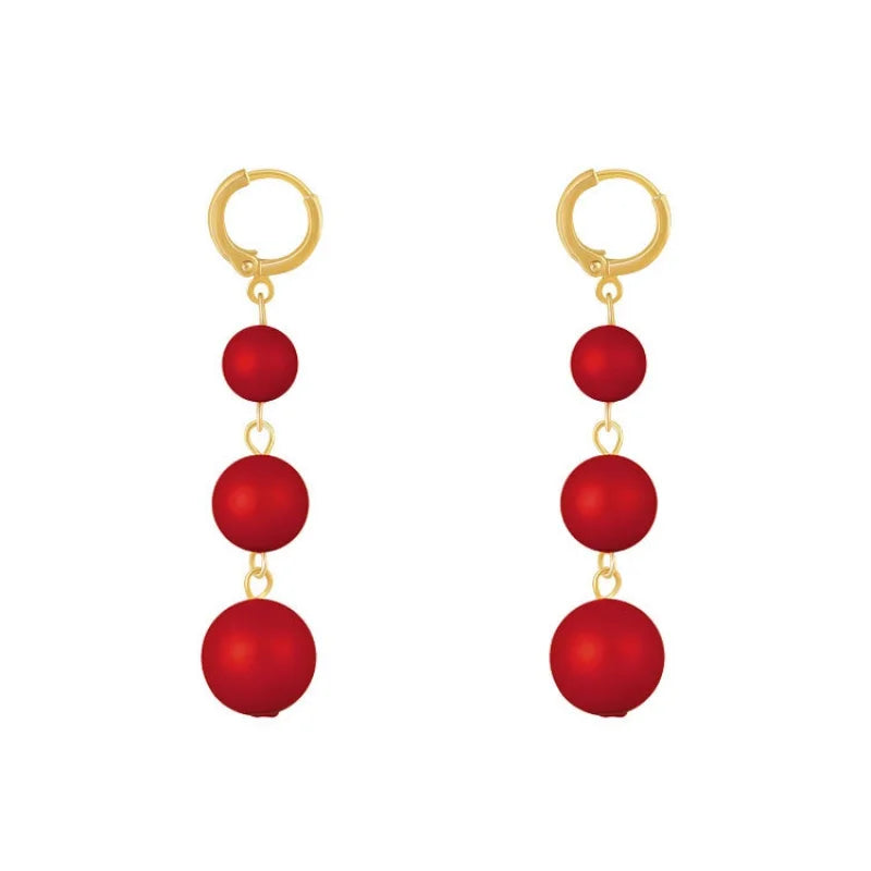 Red Pearl Long Tassel Earrings