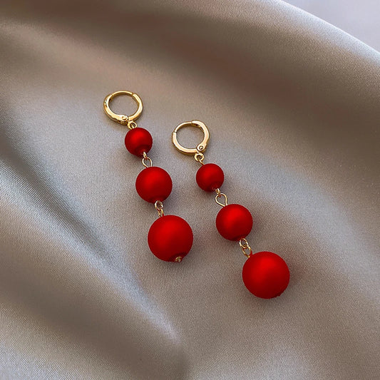 Red Pearl Long Tassel Earrings