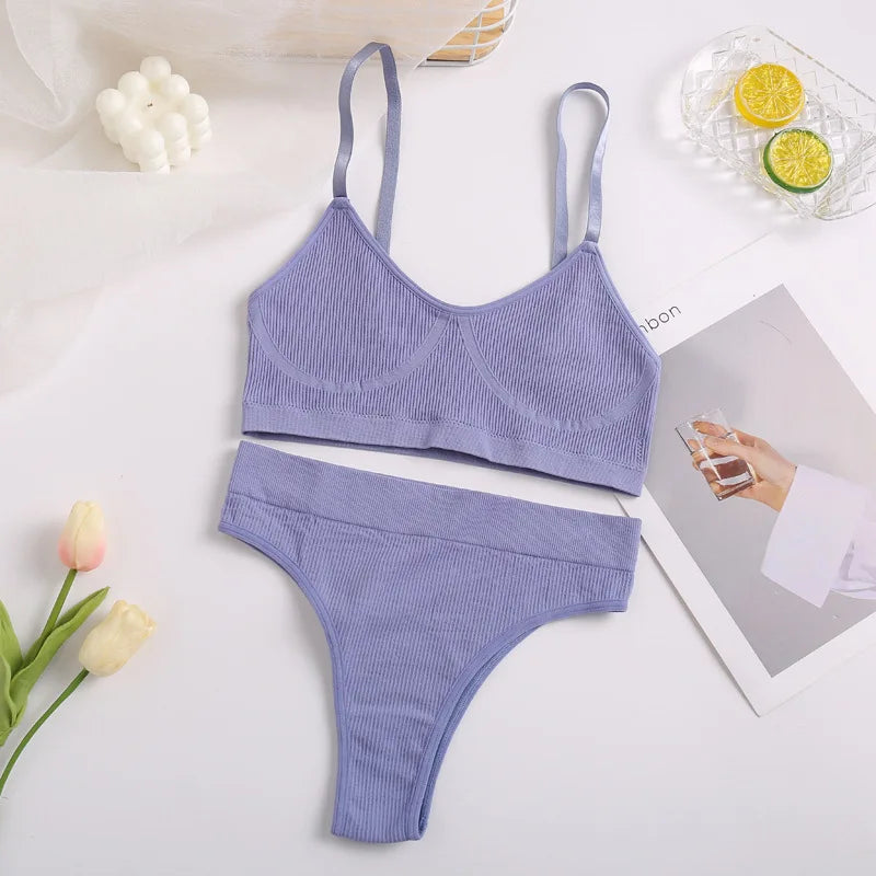 Women Bra Set Sexy Lingerie Female Underwear Set Bralette Ribbed Tops