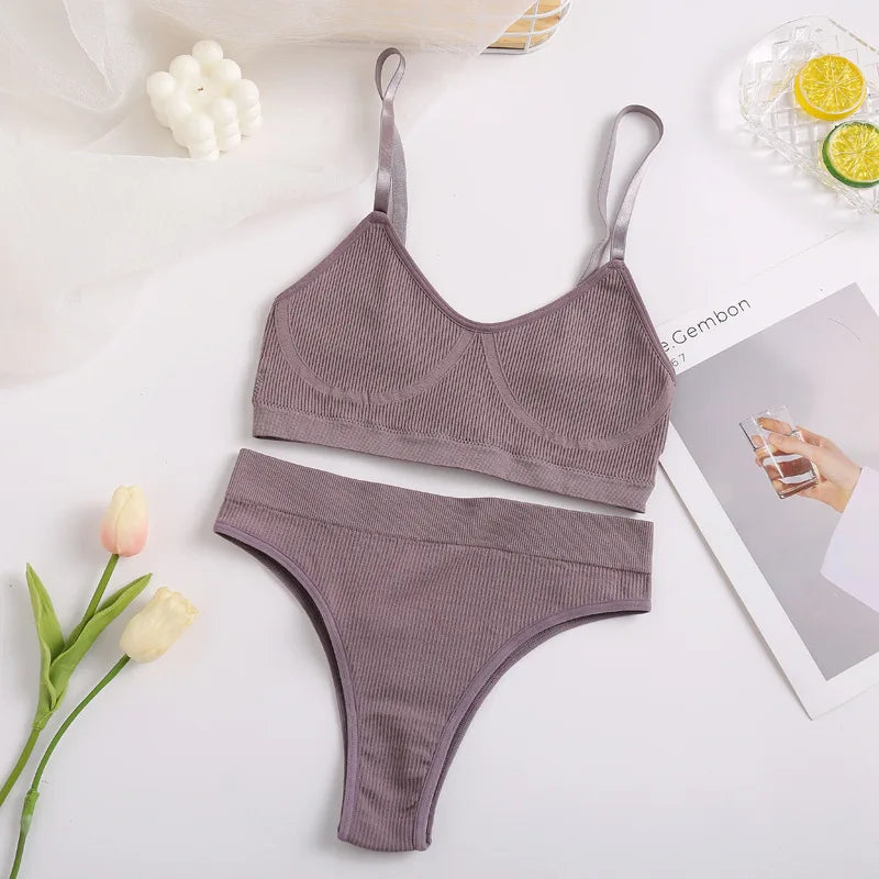 Women Bra Set Sexy Lingerie Female Underwear Set Bralette Ribbed Tops