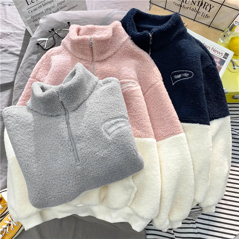 Women Patchwork Hoodies Stand Collar Lambswool Fashion