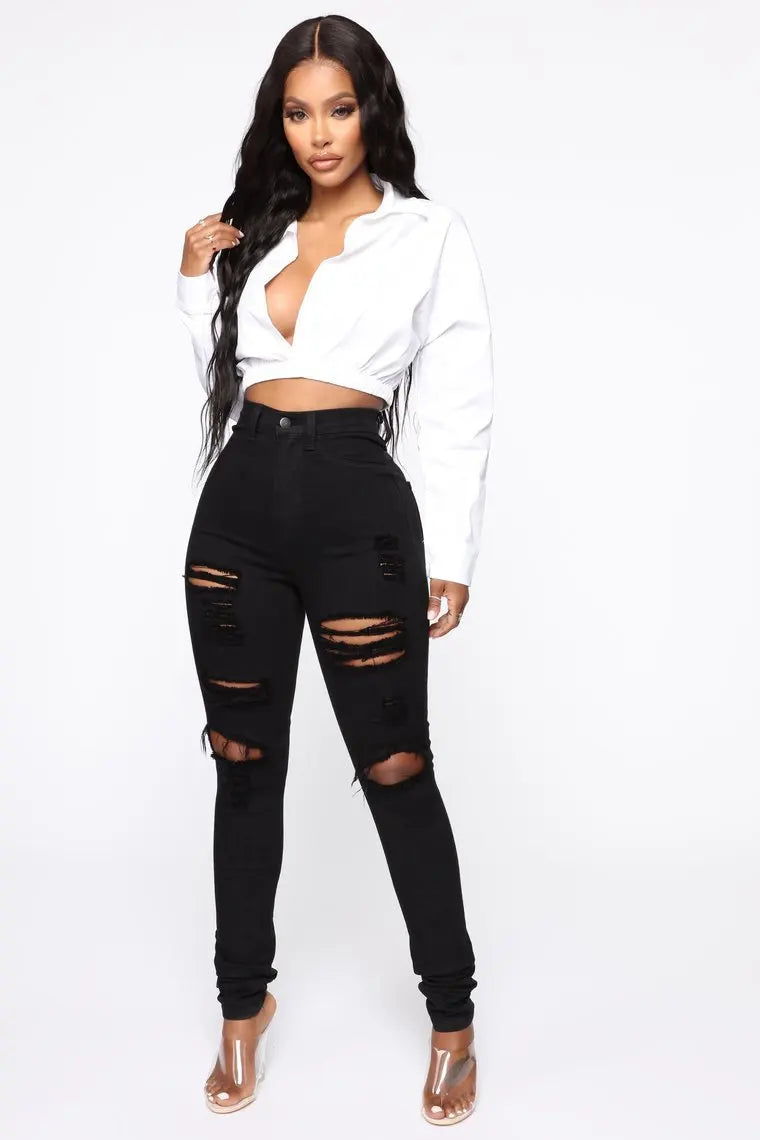 Black Ripped Jeans For Women High Waist Denim Pencil Pants