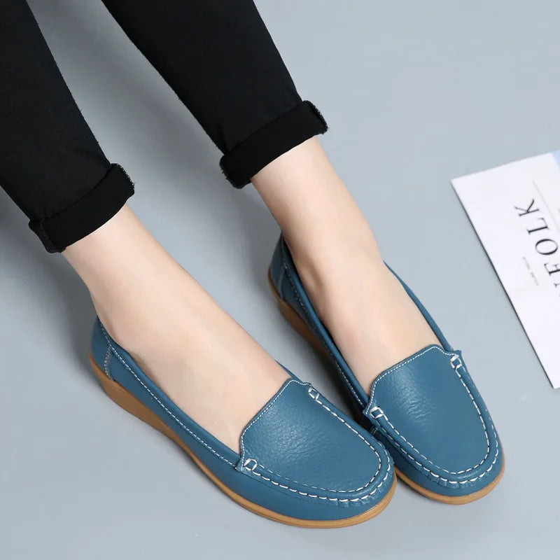 Women Flats  Genuine Leather Shoes Wedge Heels Women Loafers