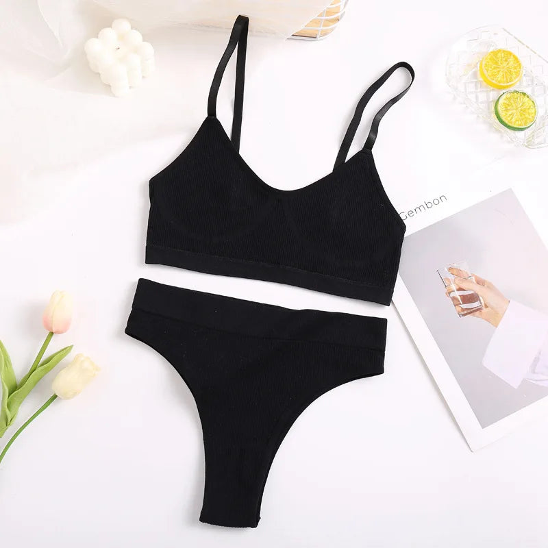 Women Bra Set Sexy Lingerie Female Underwear Set Bralette Ribbed Tops