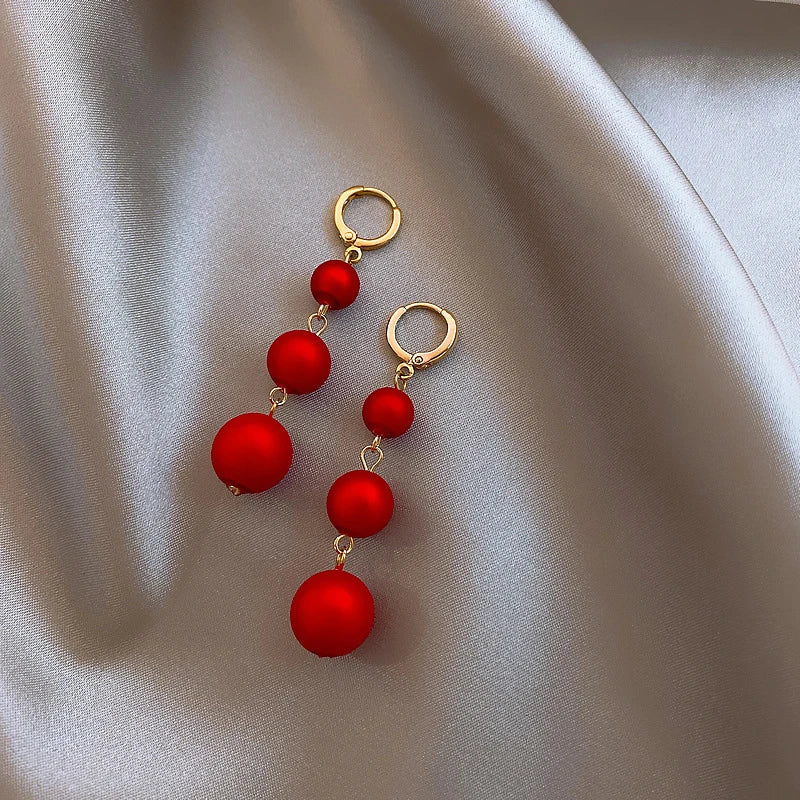 Red Pearl Long Tassel Earrings
