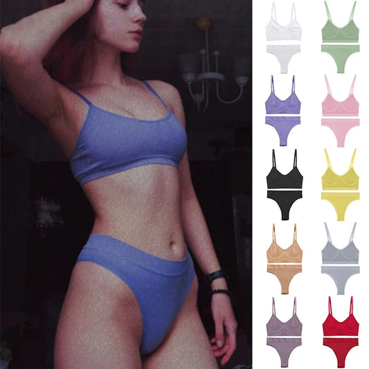 Women Bra Set Sexy Lingerie Female Underwear Set Bralette Ribbed Tops