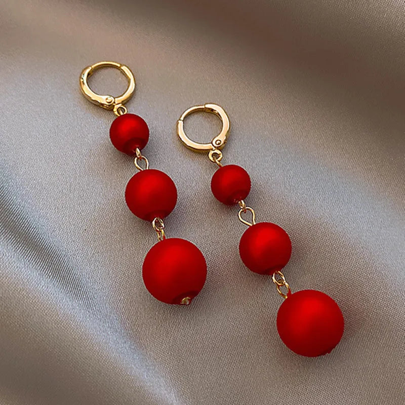 Red Pearl Long Tassel Earrings