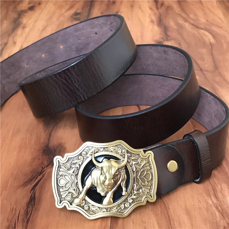 Brass Bull Cowboy Buckle Leather Belt