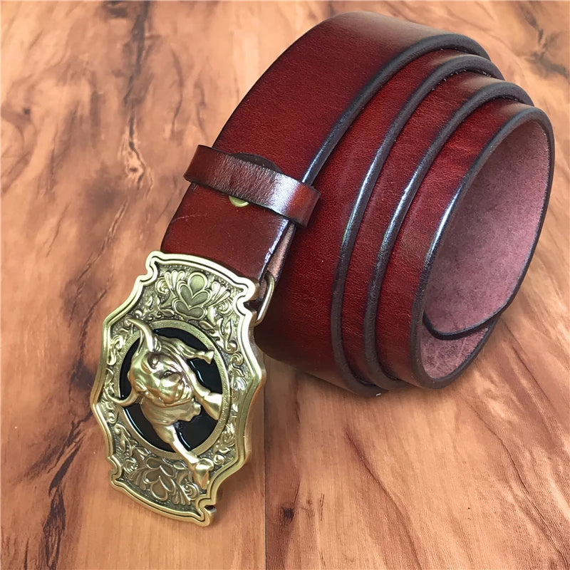 Brass Bull Cowboy Buckle Leather Belt
