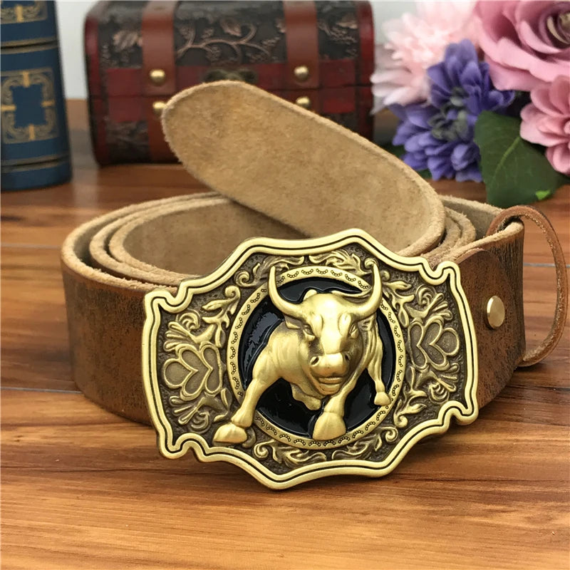 Brass Bull Cowboy Buckle Leather Belt