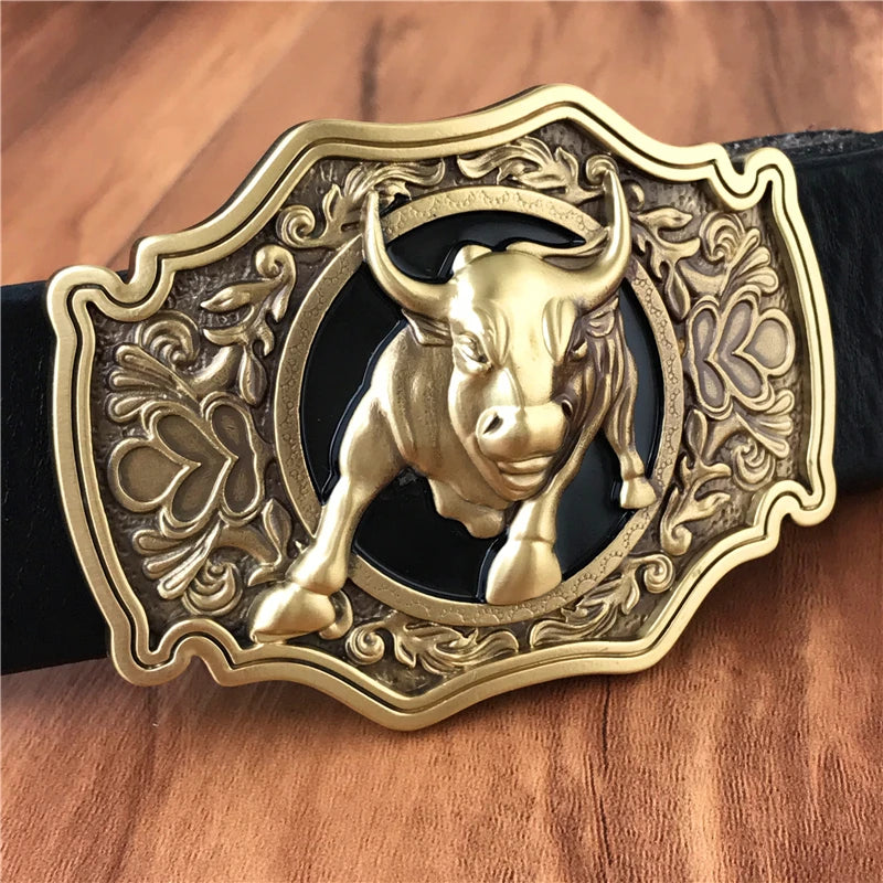 Brass Bull Cowboy Buckle Leather Belt