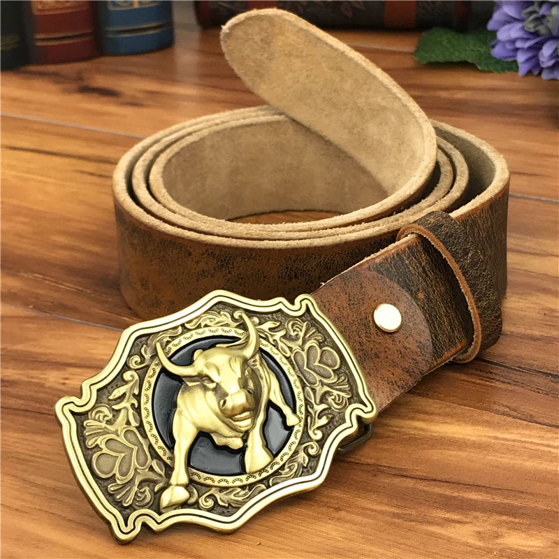 Brass Bull Cowboy Buckle Leather Belt
