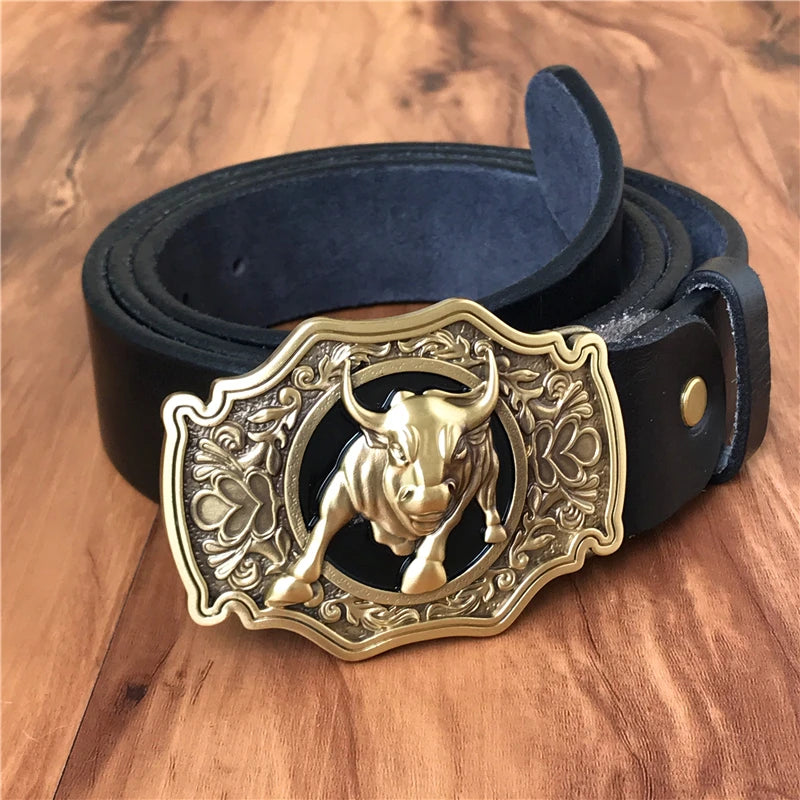 Brass Bull Cowboy Buckle Leather Belt