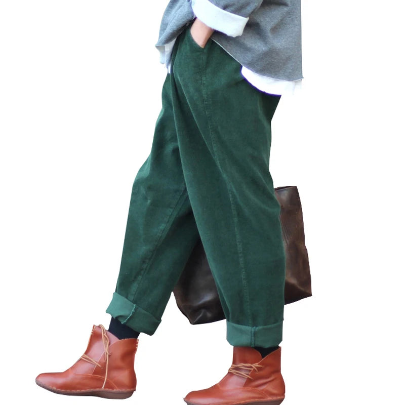 Wide Leg Pants Vintage Casual Thicken Warm Elastic Waist Loose Cotton Pleated Trouser