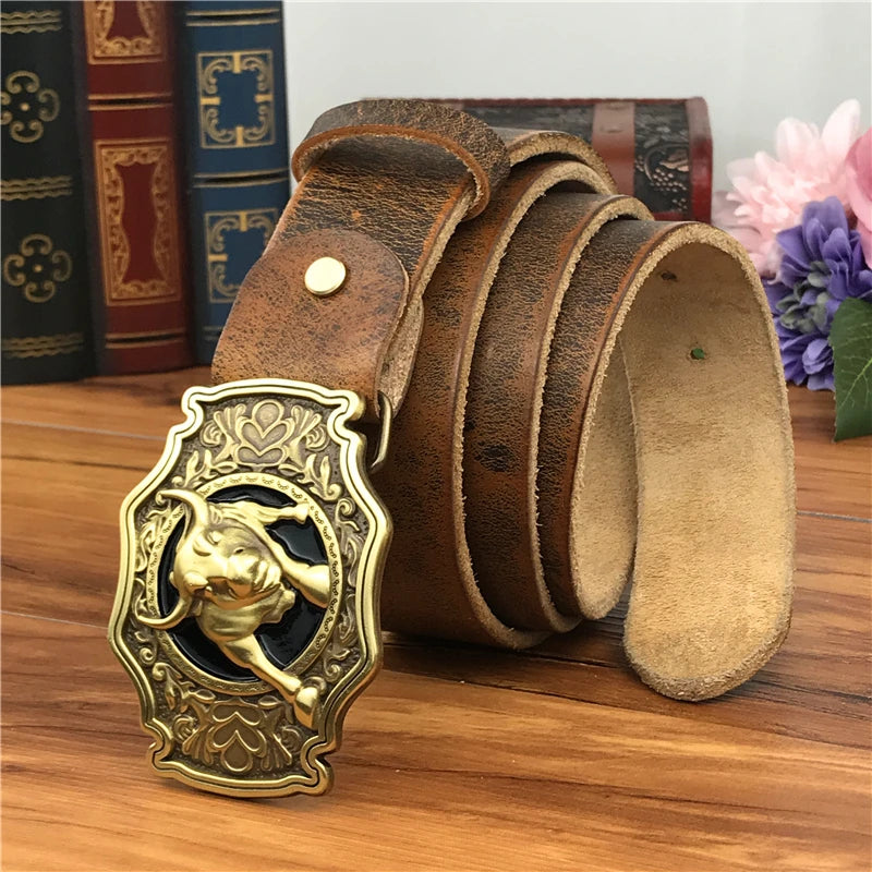 Brass Bull Cowboy Buckle Leather Belt