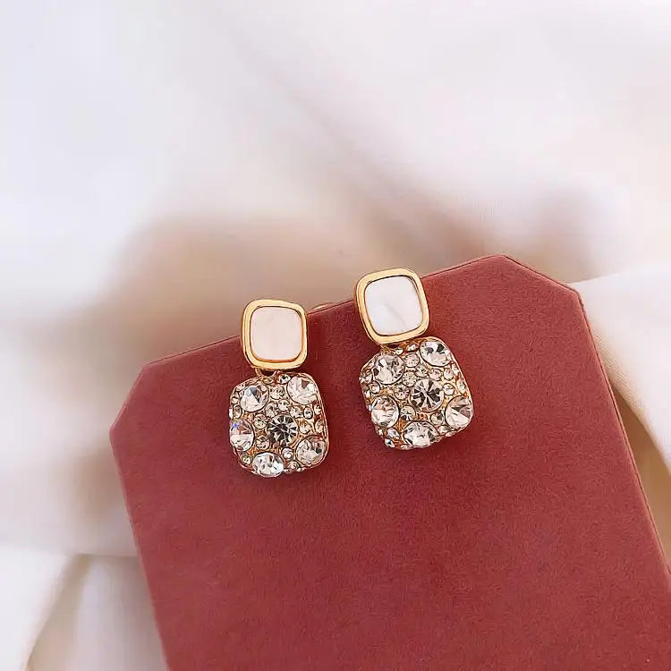 Silver Needle Purple Retro Square Rhinestone Red Earrings