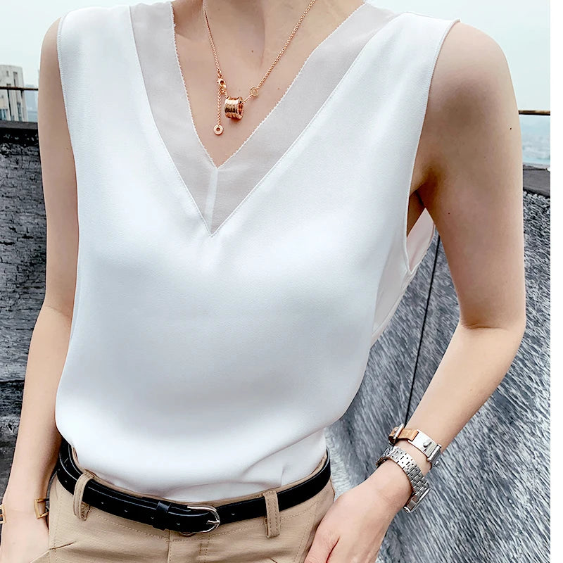 Women's Black Blouses Summer Elegant Tunic Vintage Office Satin Silk Blouse