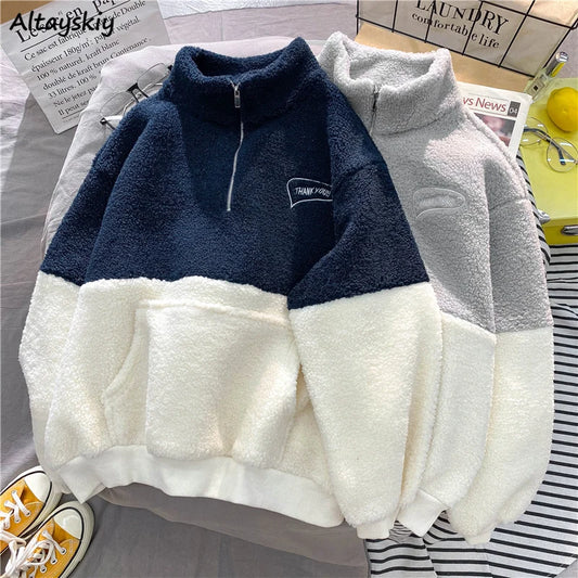 Women Patchwork Hoodies Stand Collar Lambswool Fashion