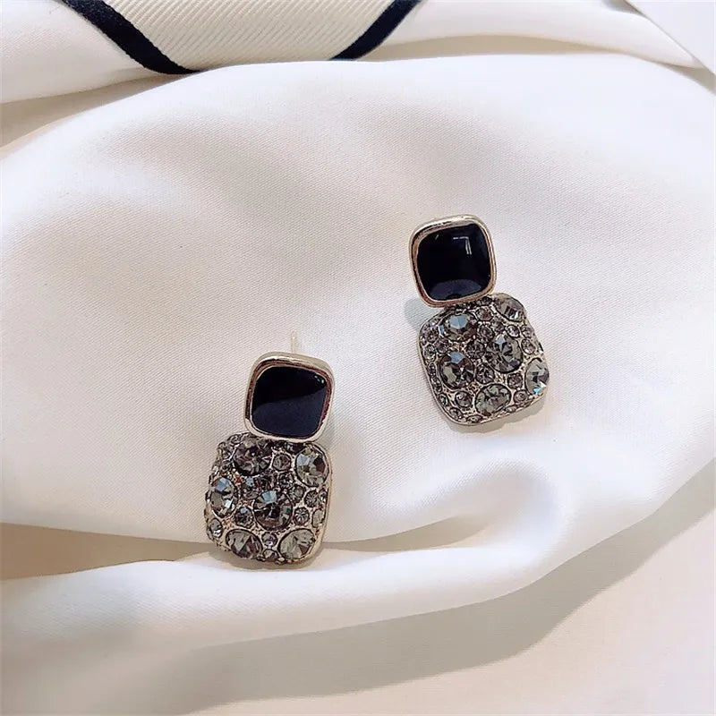 Silver Needle Purple Retro Square Rhinestone Red Earrings