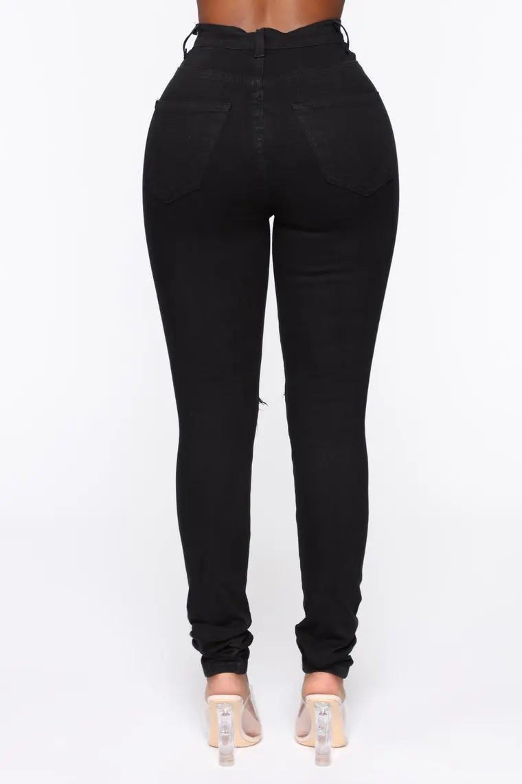 Black Ripped Jeans For Women High Waist Denim Pencil Pants