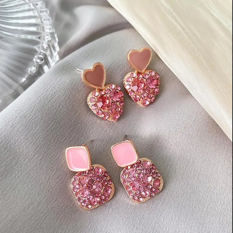 Silver Needle Purple Retro Square Rhinestone Red Earrings