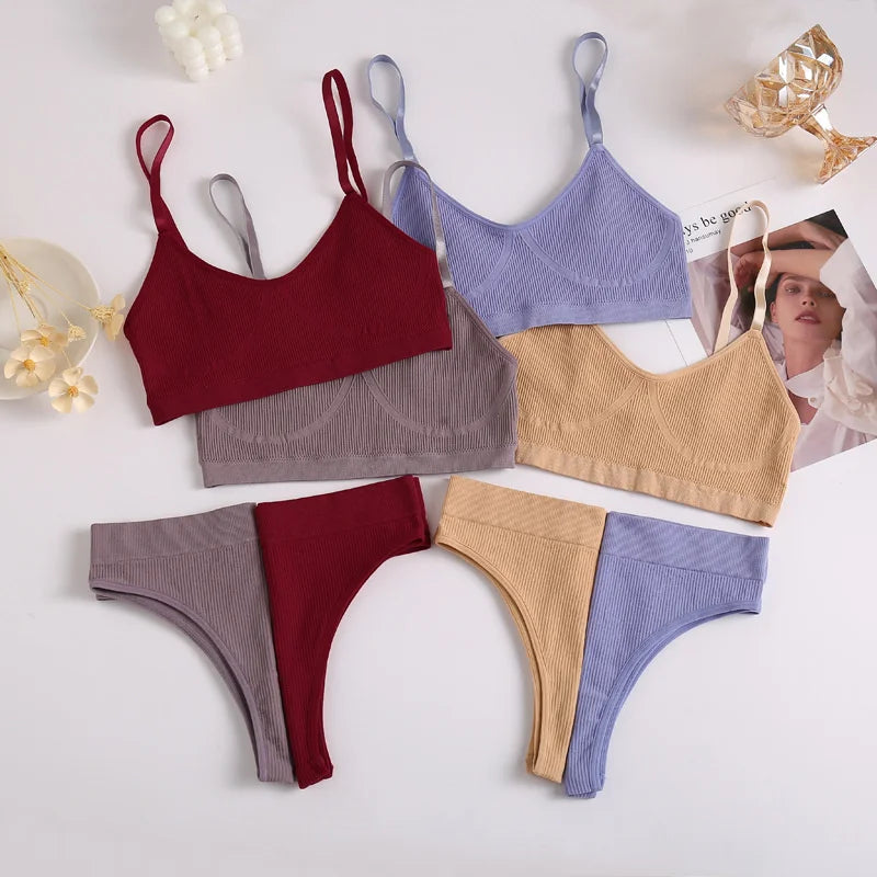 Women Bra Set Sexy Lingerie Female Underwear Set Bralette Ribbed Tops