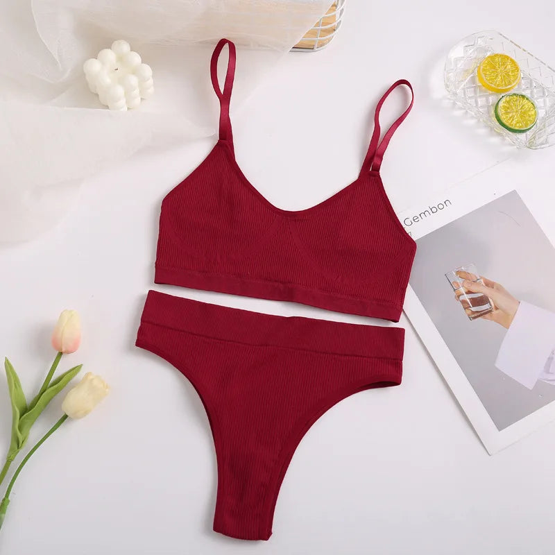 Women Bra Set Sexy Lingerie Female Underwear Set Bralette Ribbed Tops