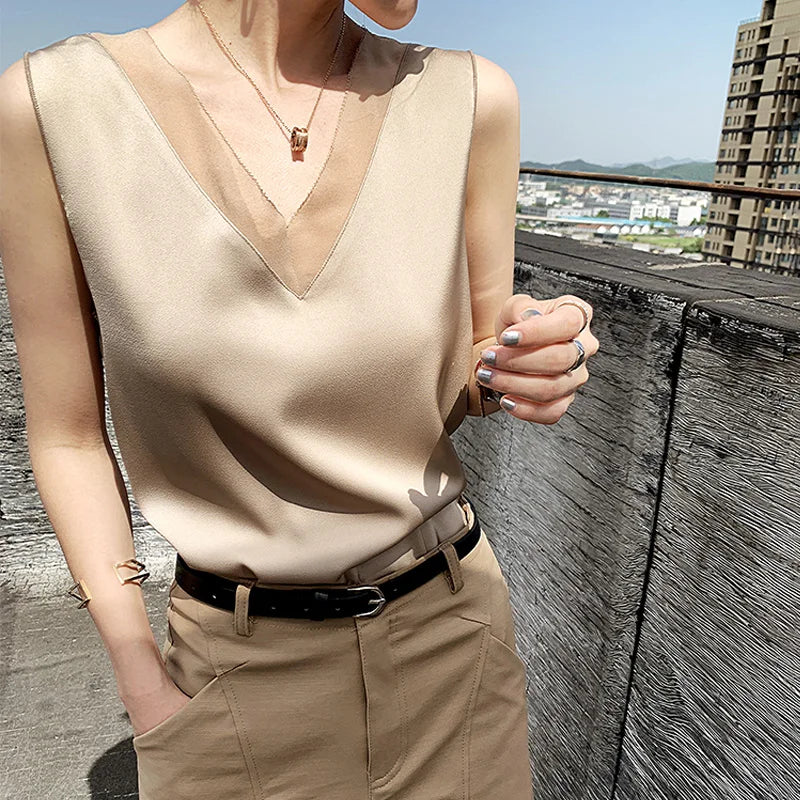 Women's Black Blouses Summer Elegant Tunic Vintage Office Satin Silk Blouse