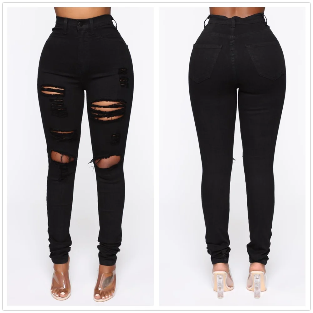 Black Ripped Jeans For Women High Waist Denim Pencil Pants