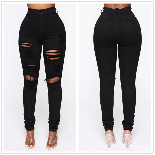 Black Ripped Jeans For Women High Waist Denim Pencil Pants