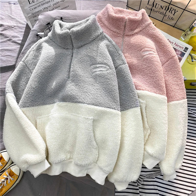Women Patchwork Hoodies Stand Collar Lambswool Fashion