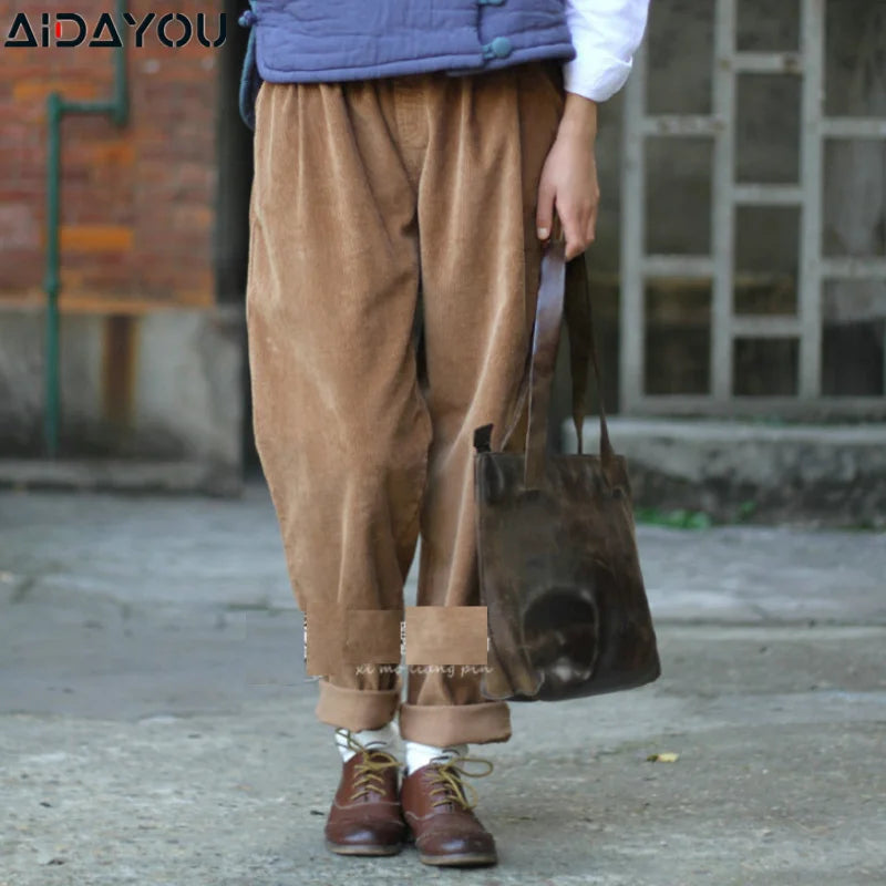 Wide Leg Pants Vintage Casual Thicken Warm Elastic Waist Loose Cotton Pleated Trouser