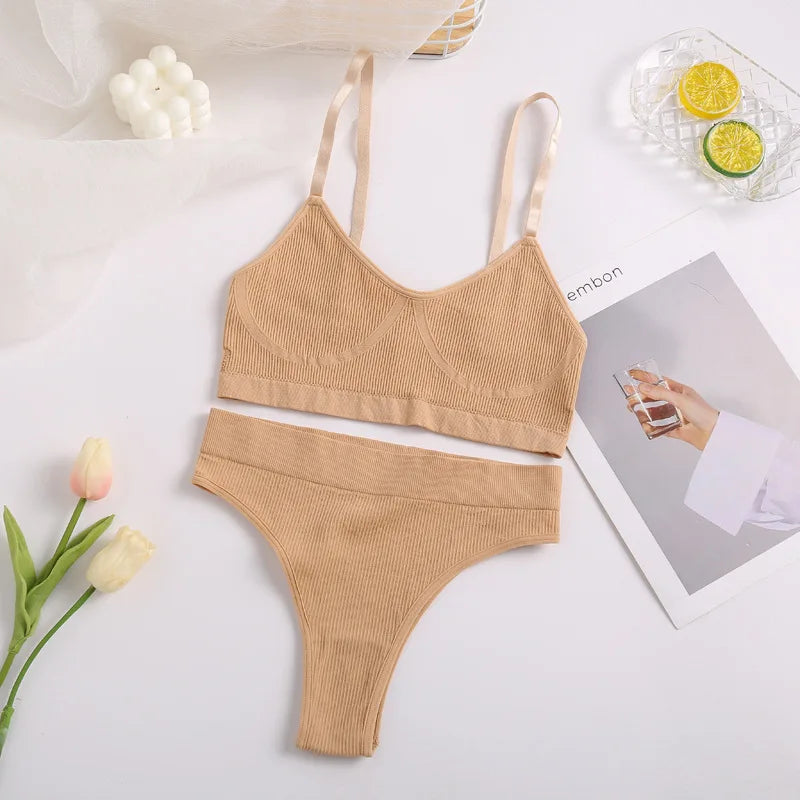 Women Bra Set Sexy Lingerie Female Underwear Set Bralette Ribbed Tops