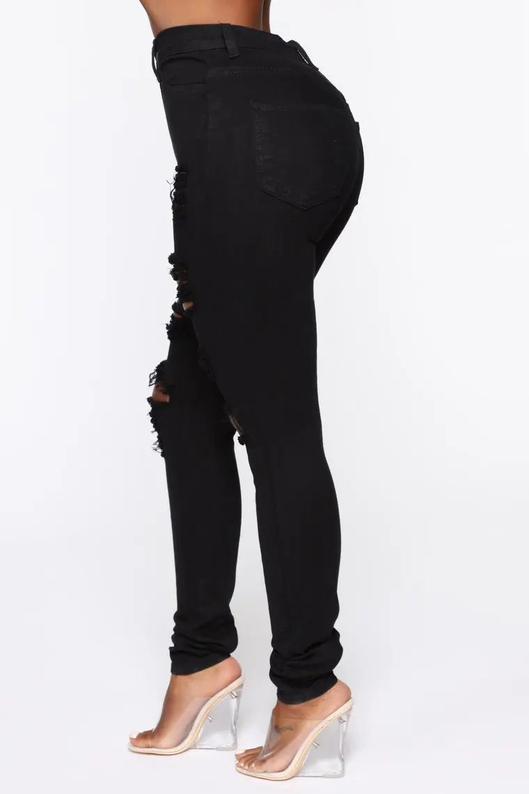 Black Ripped Jeans For Women High Waist Denim Pencil Pants