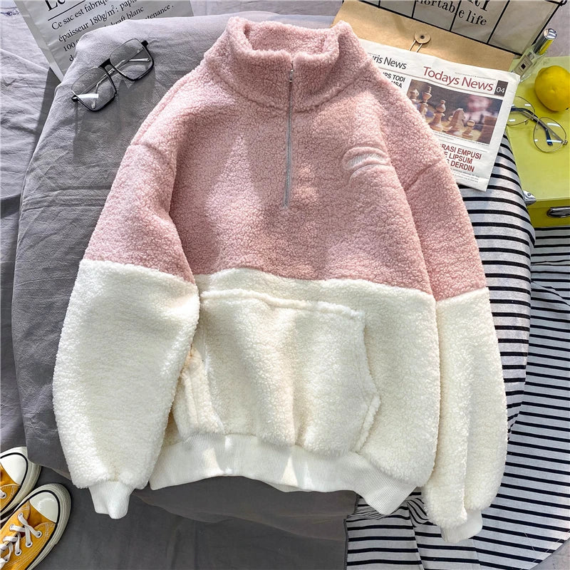 Women Patchwork Hoodies Stand Collar Lambswool Fashion
