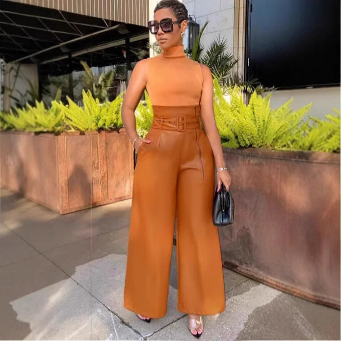 Women's Fashion High Waist Trousers PU Leather Pants