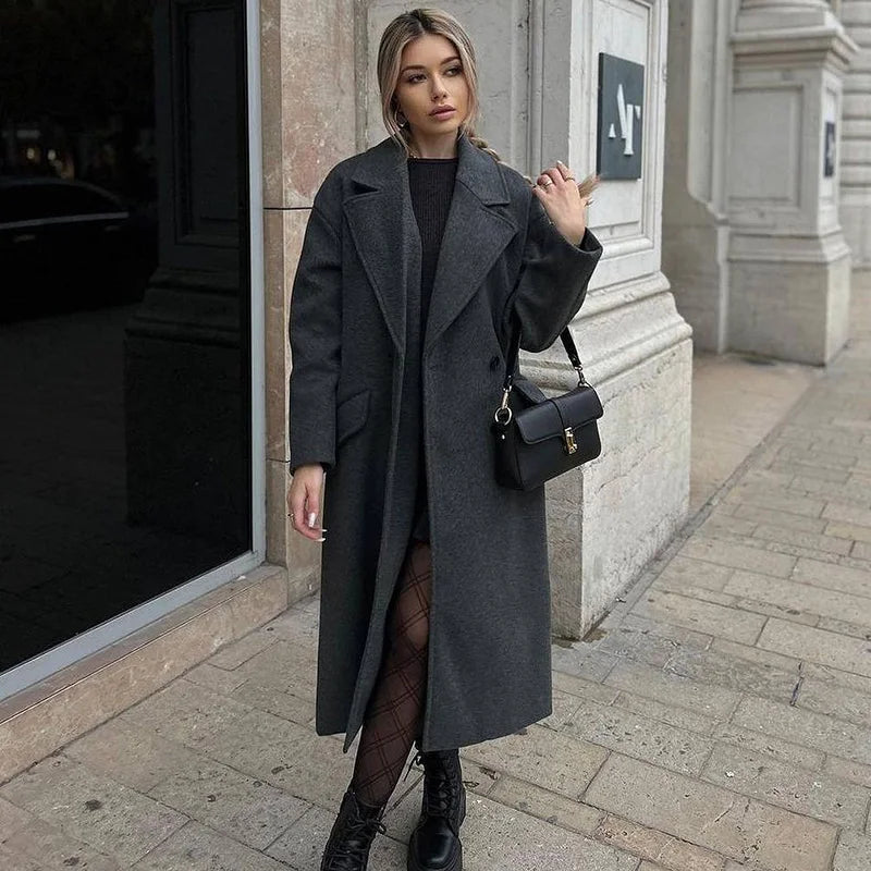 Fashion Women Winter Coats Casual Loose Lapel Double Breasted Long Jacket