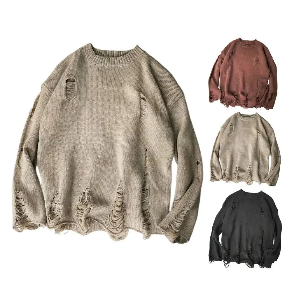 Men Wash Hole Ripped Knit Sweaters k Oversized  Sweater