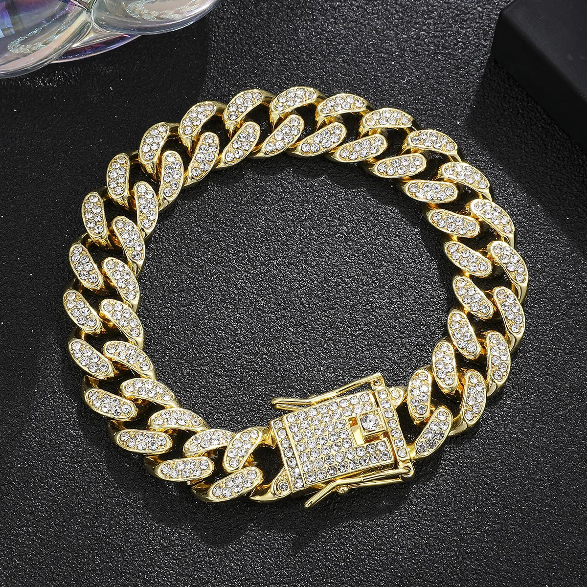 Luxury Iced Out Cuban Link Chain Bracelet for Men Paved Crystal Hip-Hop Jewelry Stainless Steel