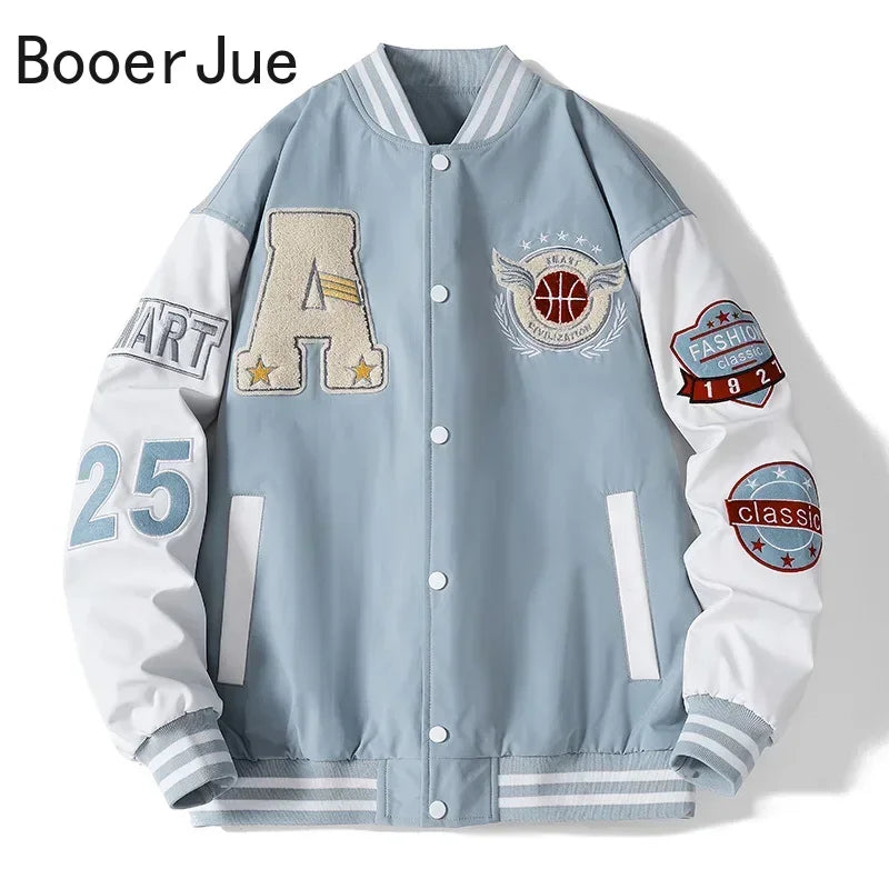 Varsity Baseball Bomber Jacket Bone Letter Patchwork Leather Jackets