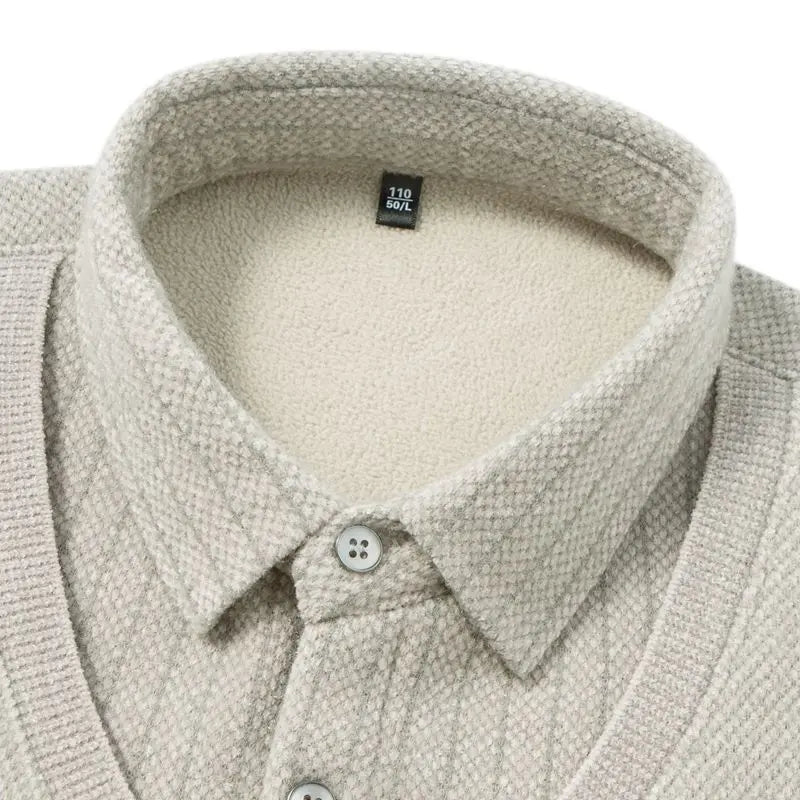 Men's Plush Wool-Lined Knitted Sweater Patchwork Striped Lapels