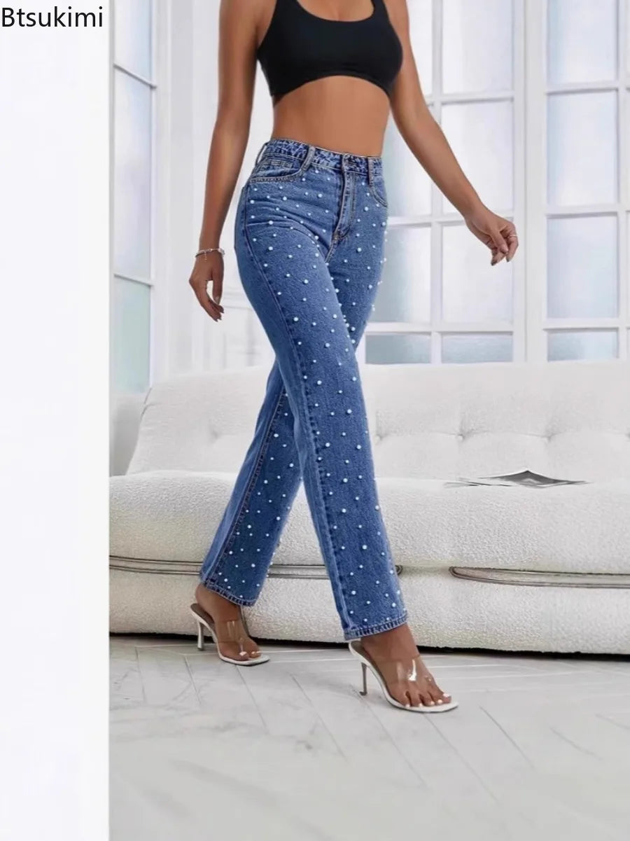 Women's Jeans Pants Beading High Waist Straight Pants
