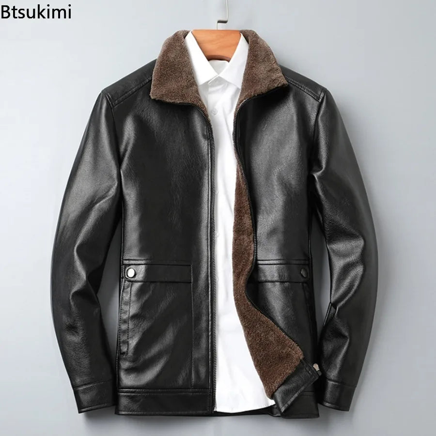 PU Jacket Fleece Liner Warm Solid Faux Leather