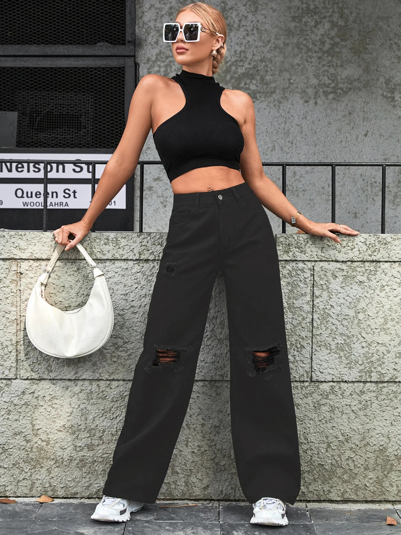 Women's Fashion Ripped High Waist Wide Leg Casual  Boyfriend