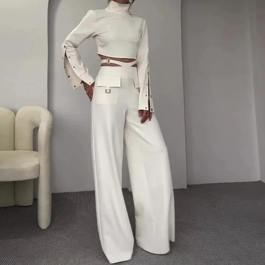 Two Piece Sets Turtleneck Full Sleeve  Sexy Wide Leg  Matching Sets