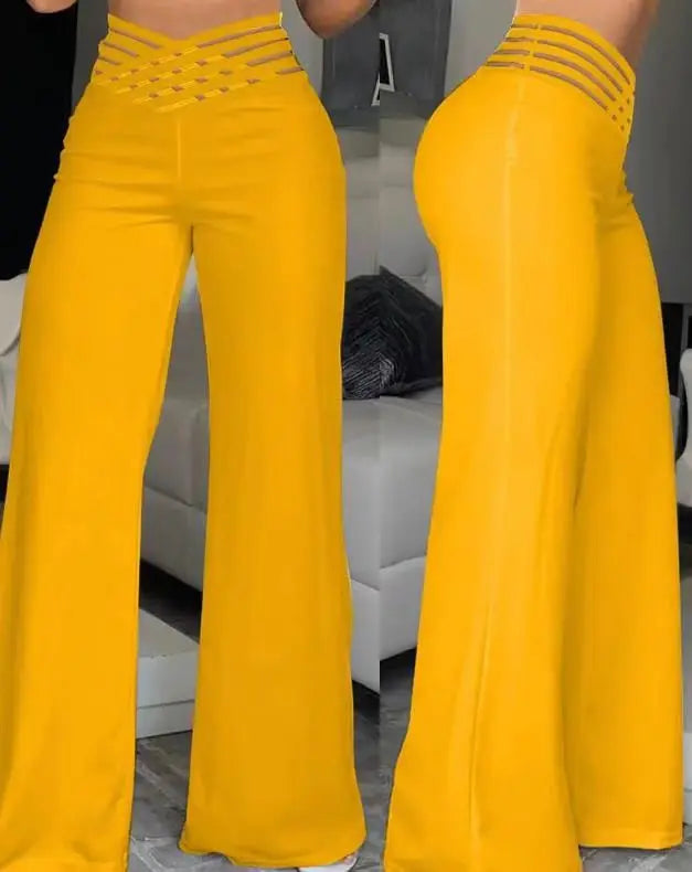 Wide Leg Flared Pants Crisscross Sheer Mesh Pants