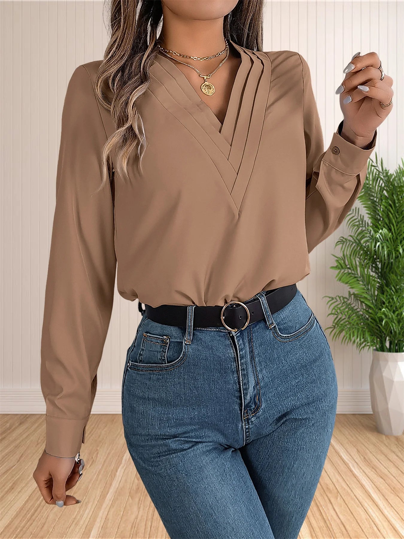 Business Office Blouse Layered V Neck Long Sleeve