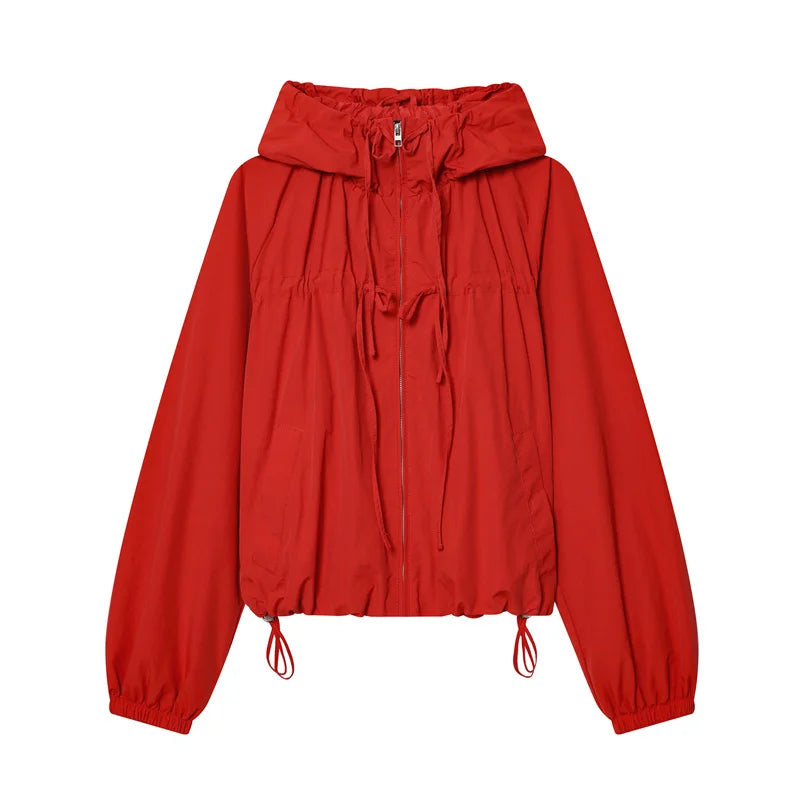 Red Long-Sleeve Drawstring Decorative Festive Hoodie Zipper Cardigan Casual