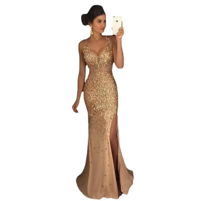 New Style New Slit Bronzing Dress Long Skirt Sexy Outfits Women