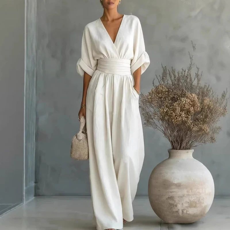 Casual Women Jumpsuit  V Neck Slim Waist Wide Leg Pant Jumpsuit